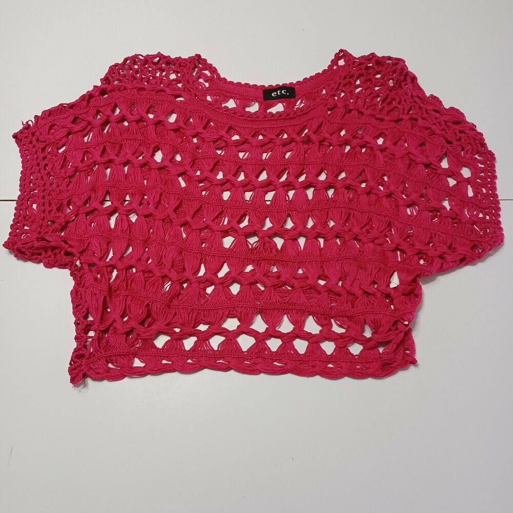 ETC. Womens M Oversized Hot Fuchsia Pink Scoop Neck Open Crochet Cotton Blend‎